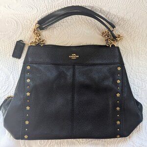 Coach Lexy Black Leather Floral Rivets Chain Strap Shoulder Bag